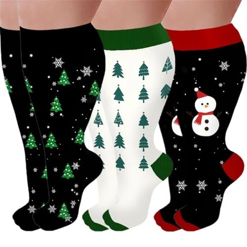 ZEPFJHE Calf Compression Socks - Christmas Elk Knee-High 3 Pair Set
