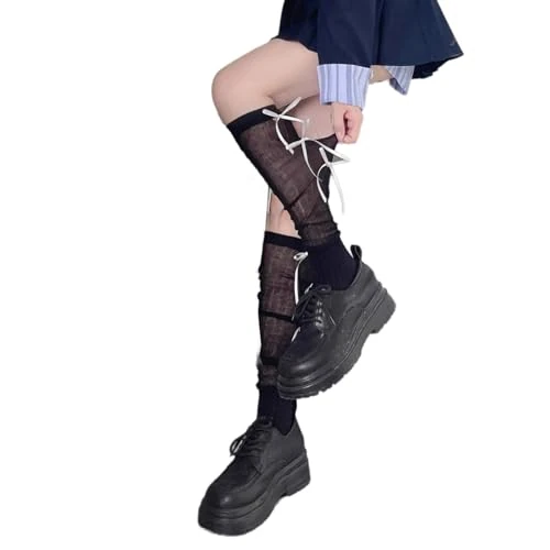 ZEPFJHE Japanese Women Girls Spring Thin Long Socks Sweet Ribbon Bowknot Splicing Thigh High Socks Stockings Thigh High Stockings