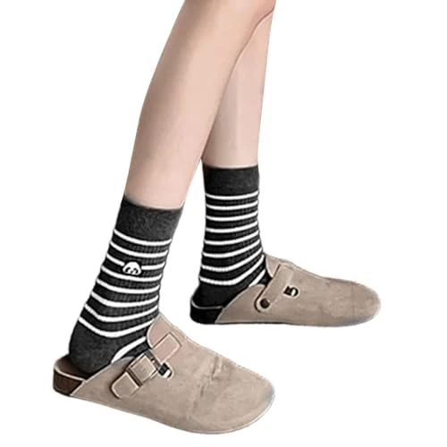 ZEPFJHE Korean Preppy Student Women Cotton Calf Socks Aesthetic Cartoon Panda Embroidered Striped Middle Tube Hosiery Everyday Wear