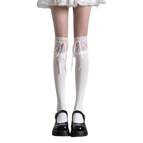 1 Pair Women's Girls Thigh High Stockings Lolitas Lace Long Tube Socks Ballet Styles Bows Over The Knee Hosiery Lace Frilly Over Knee