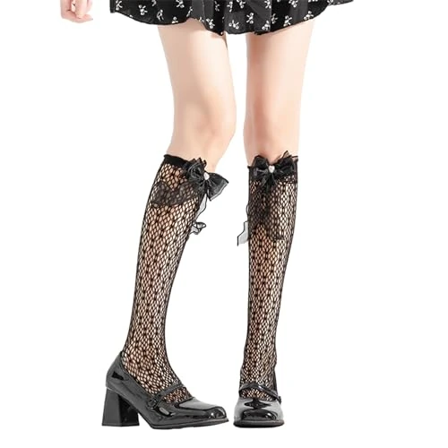 Limtula Japanese Tube Socks - Pearl Bowknot Mesh Over Calf