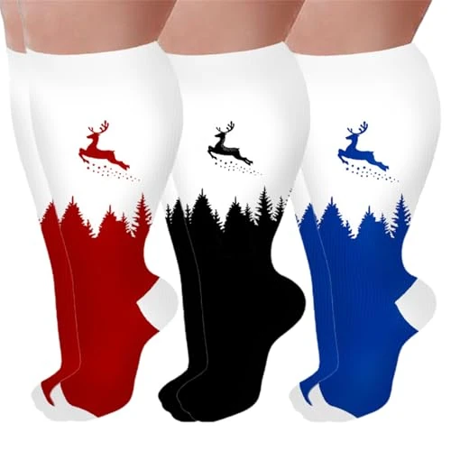 ZEPFJHE Athletic Wide Calf Compression Socks For Nursing And Travel Christmas Tree Elk Pattern Knee Length Stockings 3 Pairs Set Graduated Compression Stockings