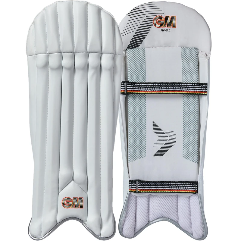 GM Rival Cricket Wicket Keeper Keeping Pads | PVC Facing with Cane & Low Density Foam Filling | Mesh Instep | Junior | Approx 1 kg per Pair | 1 Pair | White | with GM Logo | Gunn & Moore