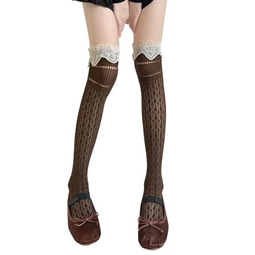 ZEPFJHE Soft Nylon Thigh High Stockings With Lace Trim Japanese Students Elegant Hollowout Geometric Pattern Over Knee Socks Elastic Over Knee Socks