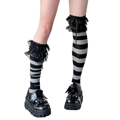 FANSHINUO Tiered Ruffled Lace Top Over Knee Long Socks With Bowknot Japanese Punk Stripe Thigh High Stockings For Women Hosiery Women's Fashion Hosiery