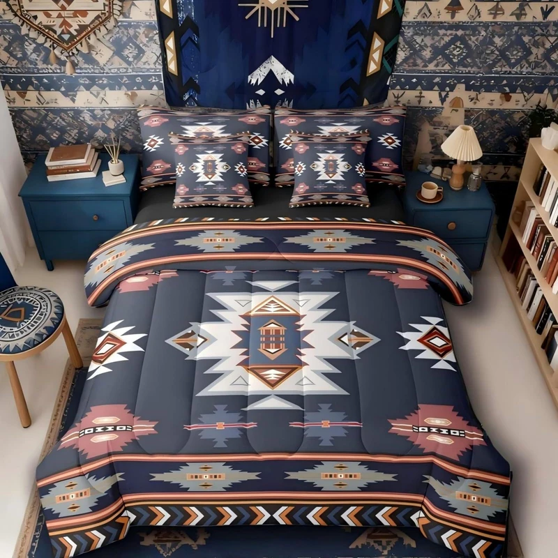 Erosebridal Western Twin Comforter Set with Sheets | Southwestern Decor Geometric 7-Piece Bedding Set Farmhouse Aztec Bed in a Bag, Stripes Diamond Triangle Bed Sets,Navy Blue