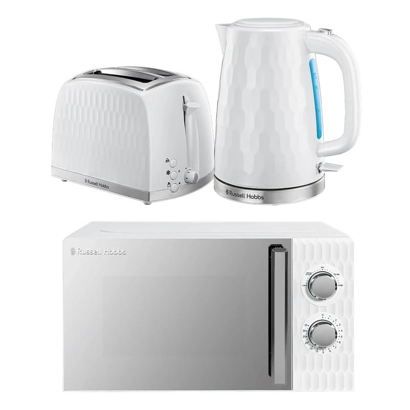 Russell Hobbs Honeycomb White Kitchen Set, 1.7L 2400W Kettle, 2 Slice Toaster with Dual Browning Levels & 17L 700W Microwave with 5 Power Levels, Defrost & Reheat Functions HCBNDL2W