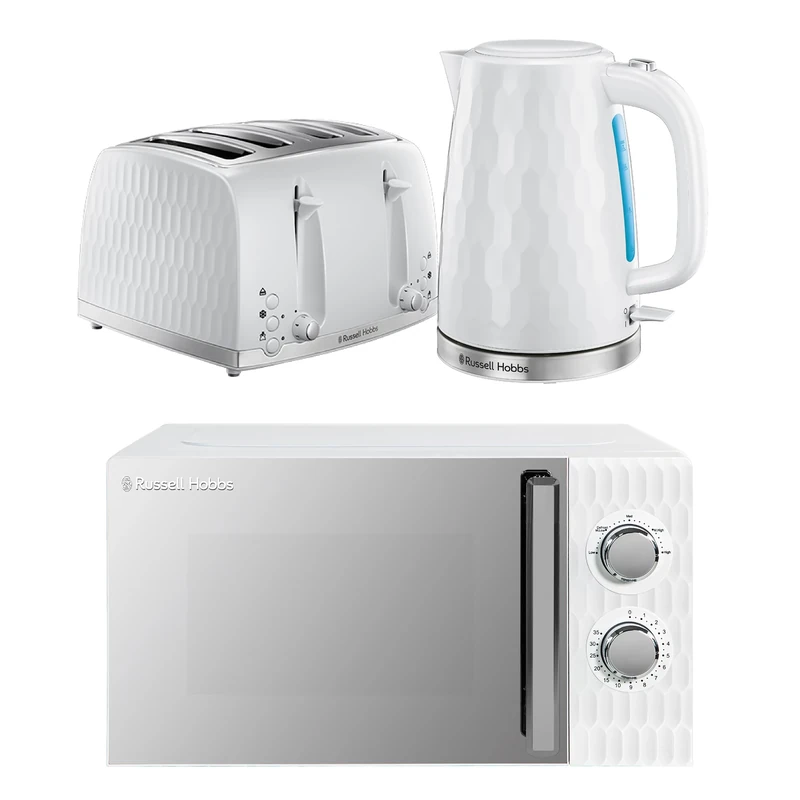 Russell Hobbs Honeycomb White Kitchen Set, 1.7L 2400W Kettle, 4 Slice Toaster with Dual Browning Levels & 17L 700W Microwave with 5 Power Levels, Defrost & Reheat Functions HCBNDL4W