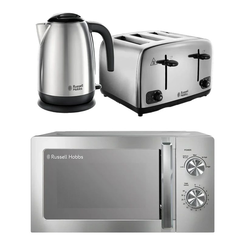Russell Hobbs Classics Brushed Stainless Steel Kitchen Set, 1.7L 3000W Kettle, 4 Slice Toaster with Variable Browning Levels & 20L 800W Microwave with 5 Power Levels, CLCSBNDL4BR