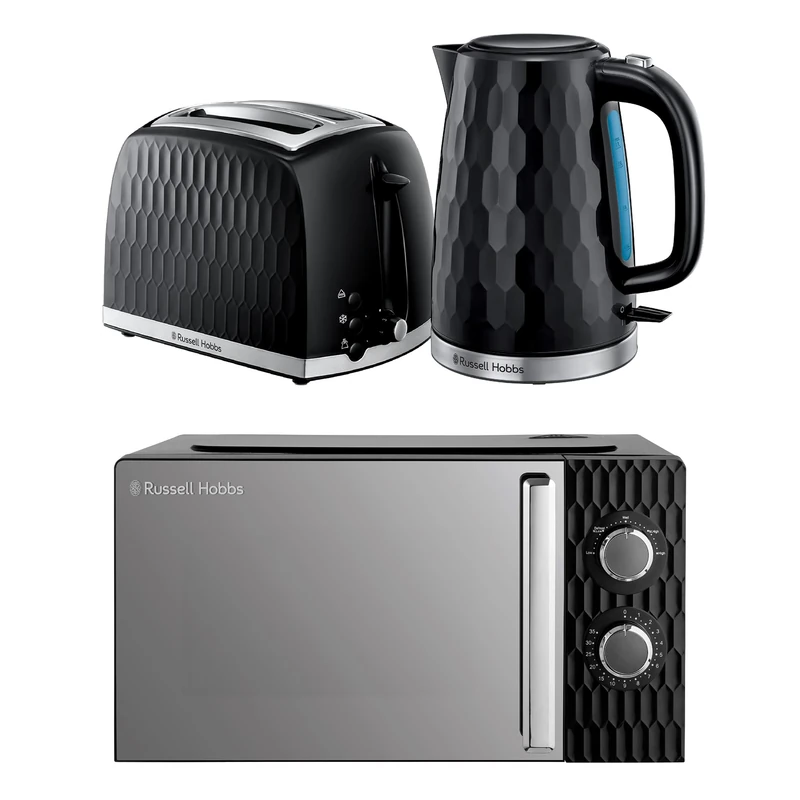 Russell Hobbs Honeycomb Black Kitchen Set, 1.7L 2400W Kettle, 2 Slice Toaster with Dual Browning Levels & 17L 700W Microwave with 5 Power Levels, Defrost & Reheat Functions HCBNDL2B