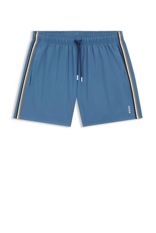 BOSS Mens Iconic Recycled-Material Swim Shorts with Logo and Signature Stripe