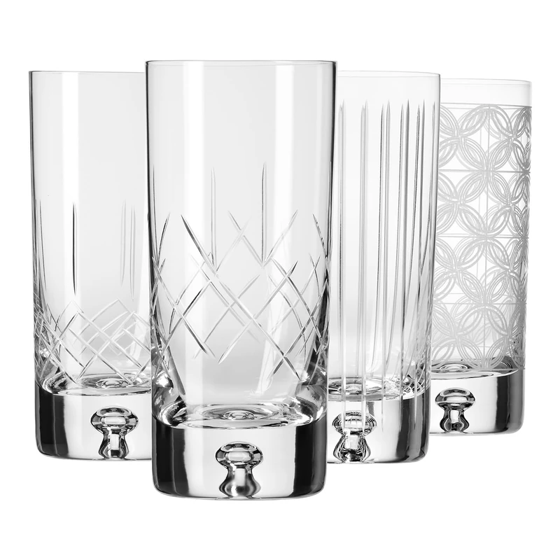 Krosno Water Glasses Set of 4-300 ml Different Handcrafted Cut Design - Crystal Drinking Tumblers for Juice and Cocktails - Saga Collection