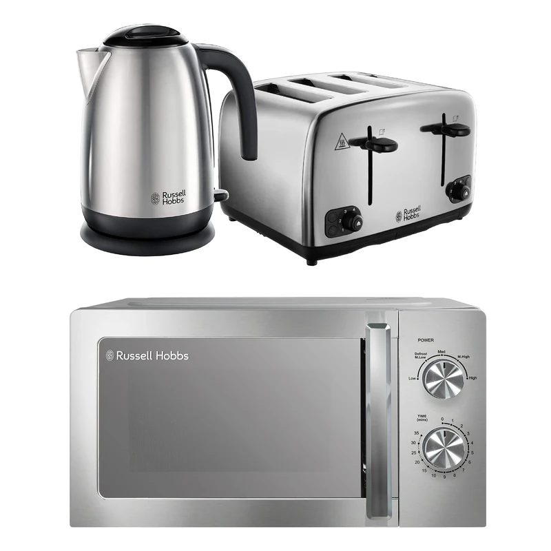 Russell Hobbs Classics Polished Stainless Steel Kitchen Set, 1.7L 3000W Kettle, 4 Slice Toaster with Variable Browning Levels & 20L 800W Microwave with 5 Power Levels, CLCSBNDL4SS