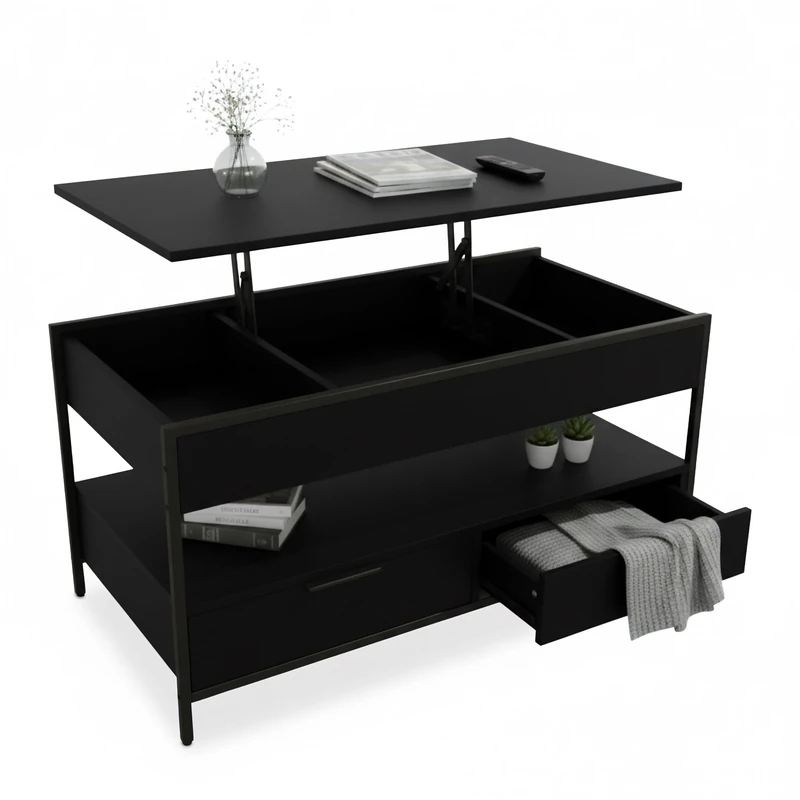 Relaxdays lift-top coffee table, 2 drawers, 4 compartments, HWD: 48–63 x 100 x 50 cm, industrial style, black