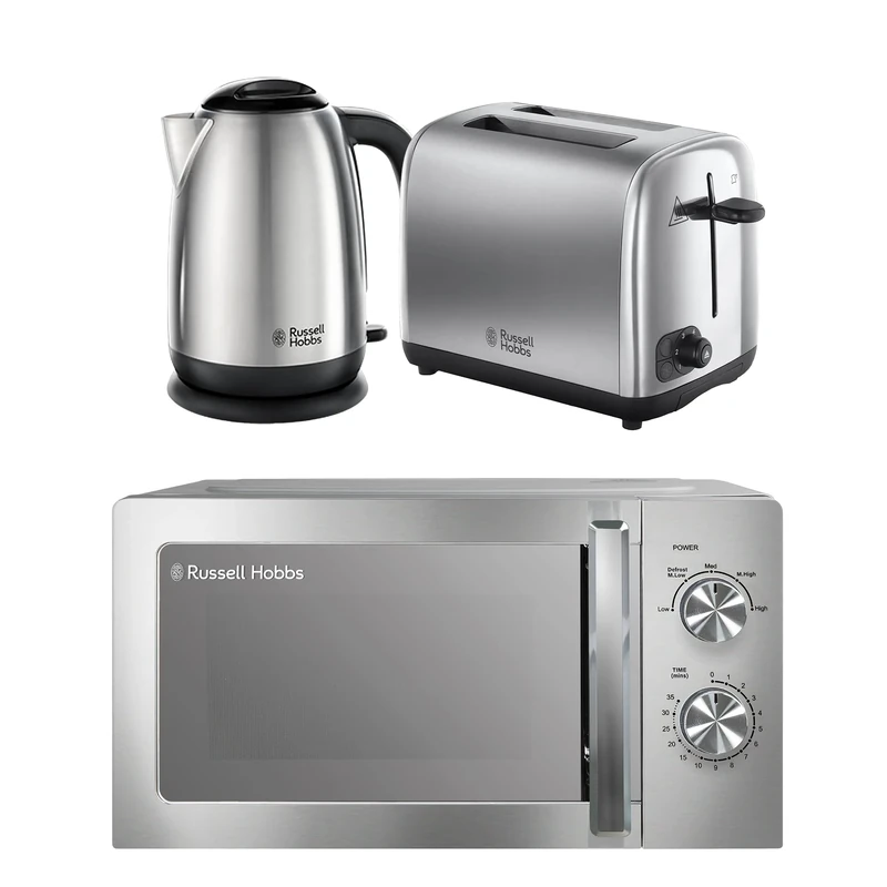 Russell Hobbs Classics Brushed Stainless Steel Kitchen Set, 1.7L 3000W Kettle, 2 Slice Toaster with Variable Browning Levels & 20L 800W Microwave with 5 Power Levels, CLCSBNDL2BR