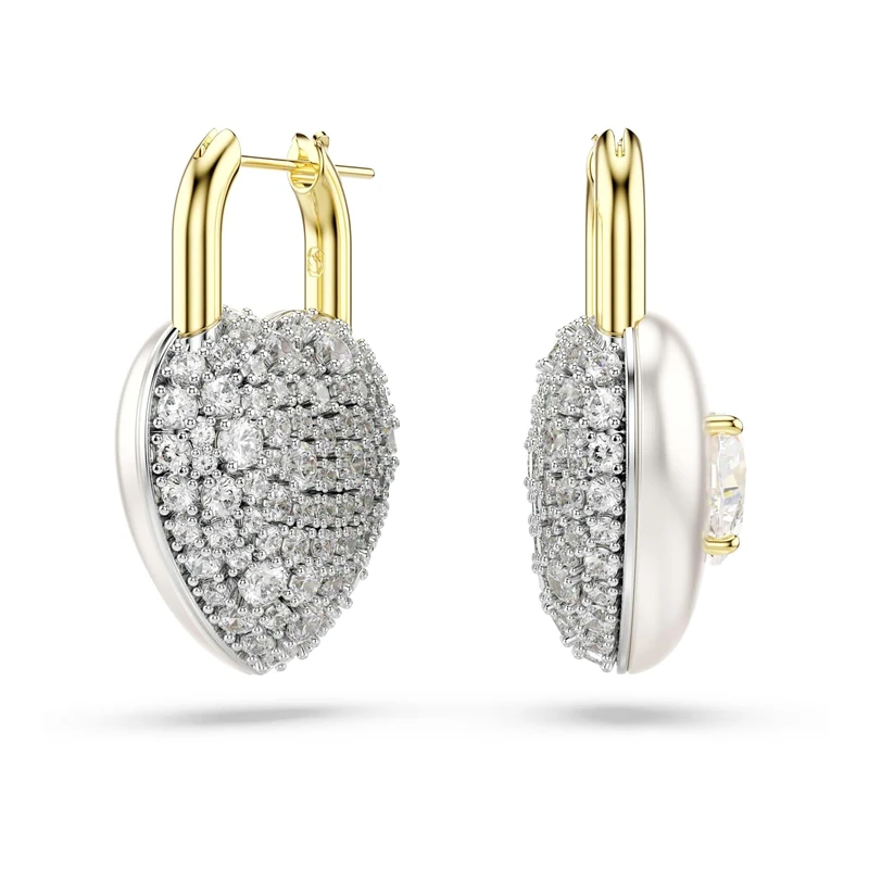 Swarovski Idyllia drop earrings, Mixed cuts, Heart, White, Gold-tone plated