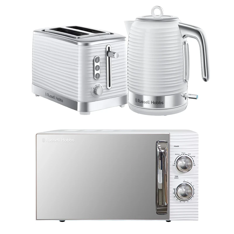 Russell Hobbs Inspire White Kitchen Set, 1.7L 2400W Kettle, 2 Slice Toaster with Variable Browning Levels & 17L 700W Microwave with 5 Power Levels, Defrost & Reheat Functions INSPBNDL2W