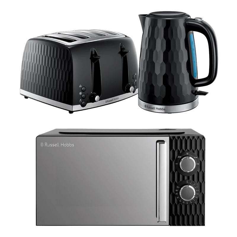 Russell Hobbs Honeycomb Black Kitchen Set, 1.7L 2400W Kettle, 4 Slice Toaster with Dual Browning Levels & 17L 700W Microwave with 5 Power Levels, Defrost & Reheat Functions HCBNDL4B