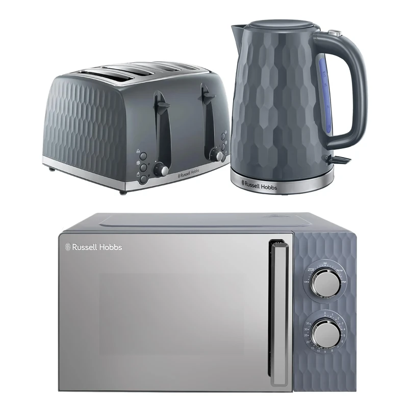 Russell Hobbs Honeycomb Grey Kitchen Set, 1.7L 2400W Kettle, 4 Slice Toaster with Dual Browning Levels & 17L 700W Microwave with 5 Power Levels, Defrost & Reheat Functions HCBNDL4G