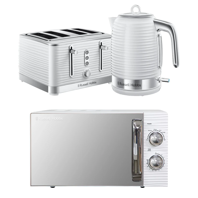 Russell Hobbs Inspire White Kitchen Set, 1.7L 2400W Kettle, 4 Slice Toaster with Variable Browning Levels & 17L 700W Microwave with 5 Power Levels, Defrost & Reheat Functions INSPBNDL4W