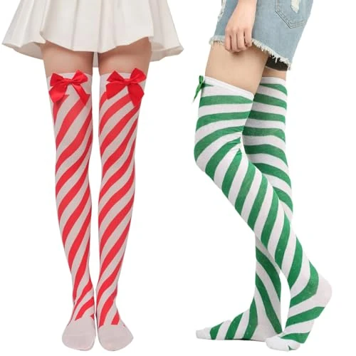 BRABOSTON Festival Christmas Thigh High Stockings with Furry Plush Top Cuffs for Women Holiday Over the Knee Long