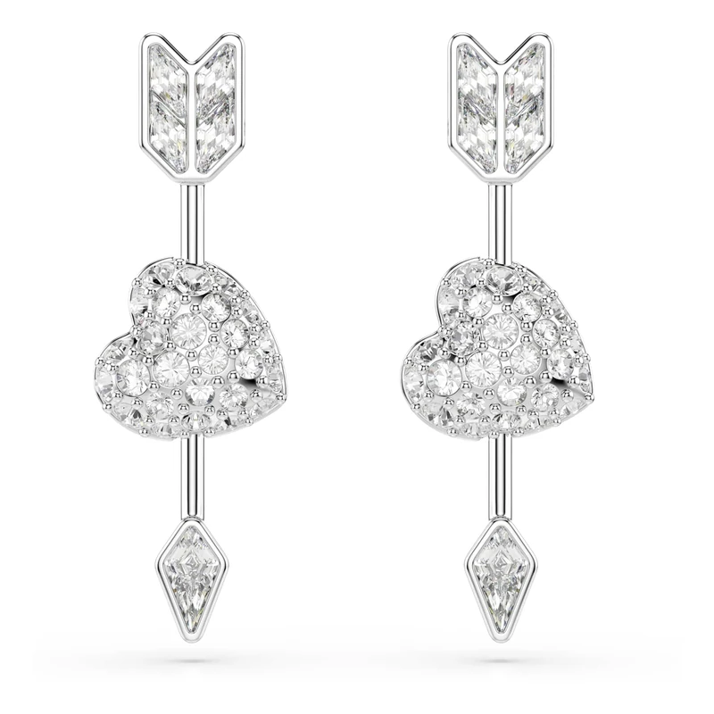 Swarovski Idyllia Drop Earrings, Mixed Cuts, Heart With Arrow, White, Rhodium Plated