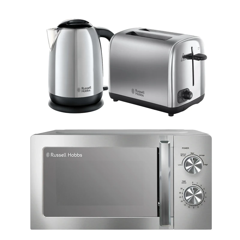 Russell Hobbs Classics Polished Stainless Steel Kitchen Set, 1.7L 3000W Kettle, 2 Slice Toaster with Variable Browning Levels & 20L 800W Microwave with 5 Power Levels, CLCSBNDL2SS