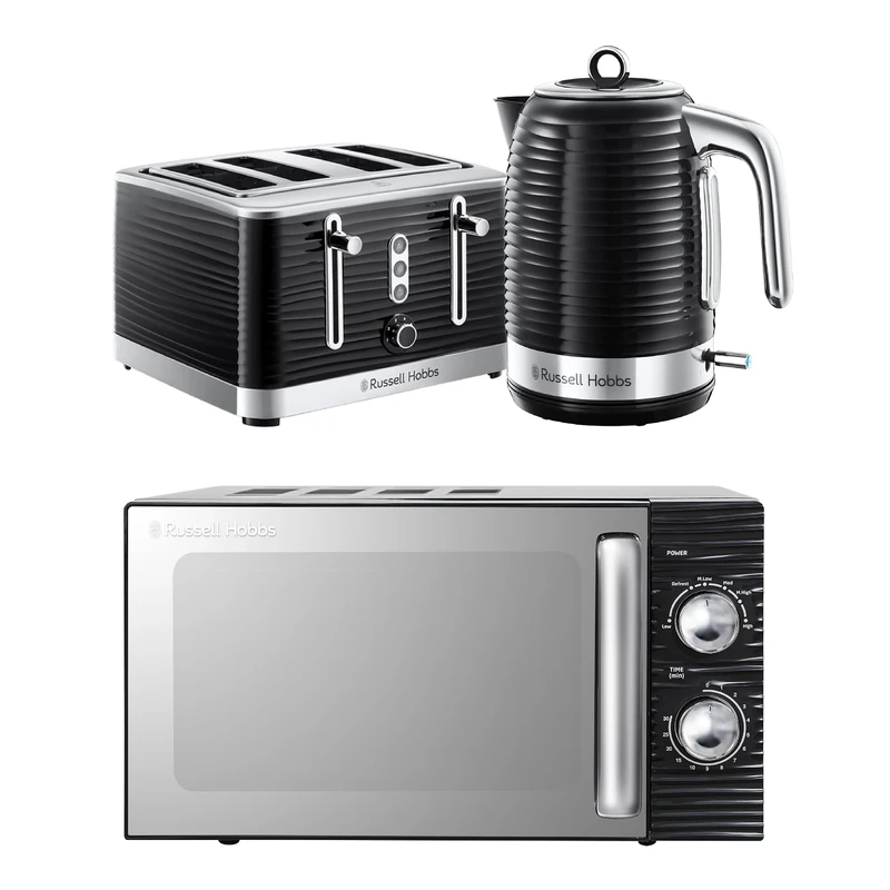 Russell Hobbs Inspire Black Kitchen Set, 1.7L 2400W Kettle, 4 Slice Toaster with Variable Browning Levels & 17L 700W Microwave with 5 Power Levels, Defrost & Reheat Functions INSPBNDL4B
