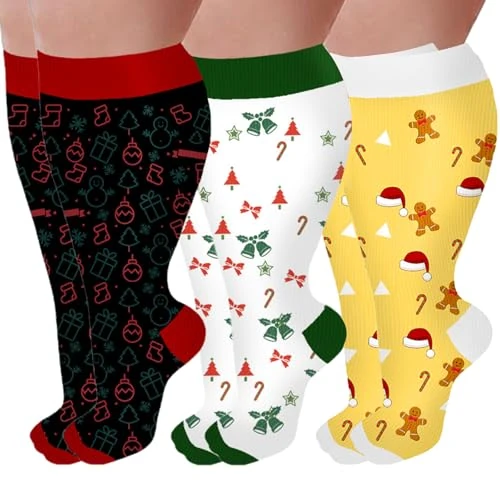 BRABOSTON 3 Pairs Christmas Wide Calf Socks for Men and Women Knee Length Stockings for Nurses Travel