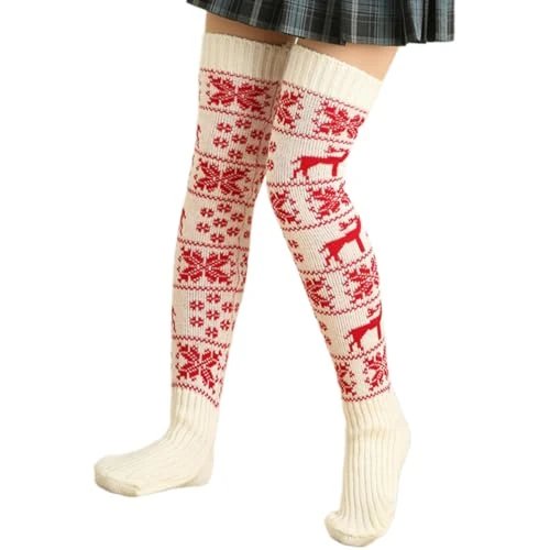 BRABOSTON Christmas Reindeer Pattern Knitted Over The Knee Socks Thermal Thigh High Long Stockings for Women Winter Leg