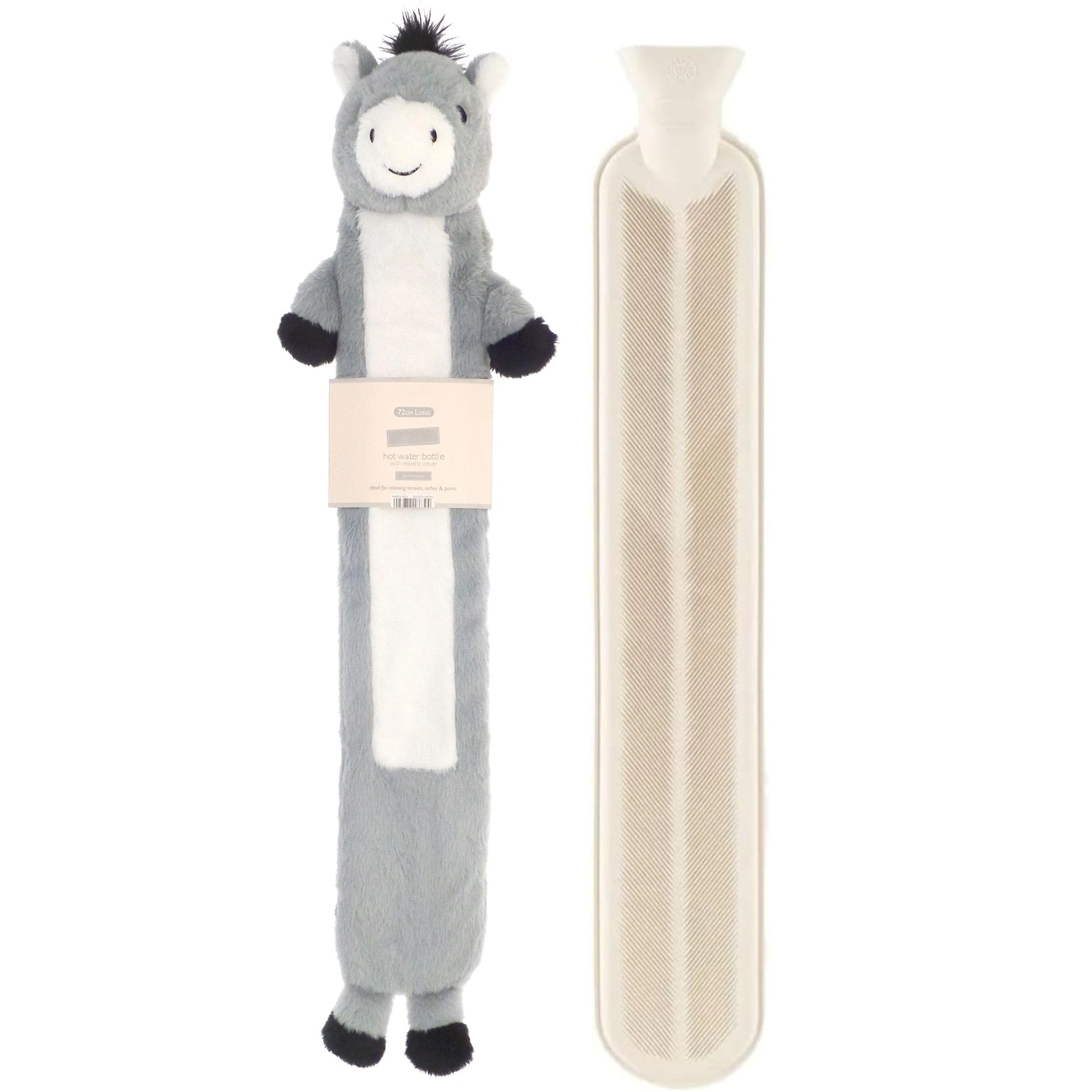 Hot Water Bottle Long with Cover 2 Litre - Fluffy Faux Fur Fleece Cover Durable Winter Warm - Natural Rubber- Pain Relief Therapy Waist & Neck Hot Water Bottle Adults and Kids (Donkey)