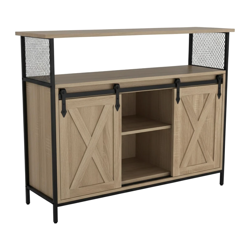 Relaxdays sideboard with sliding doors, HWD: 80 x 100 x 33 cm, 6 shelves, kitchen & living room cabinet, natural/black