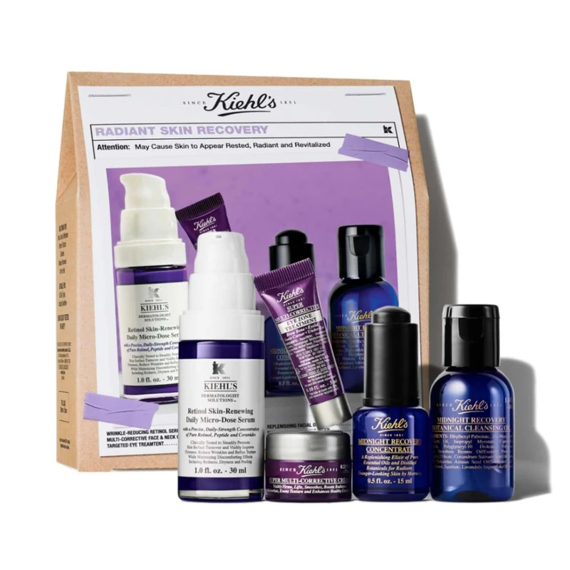 Kiehl's Radiant Skin Recovery Set: Midnight Recovery Botanical Cleansing Oil, Retinol Skin-Renewing Daily Serum, Super Multi-Corrective Cream & Eye Zone Treatment, Midnight Recovery Concentrate