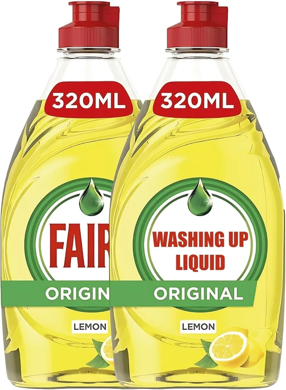 Fairy Lemon Washing Up Liquid 2 Pack 320ml Powerful Grease Cutting Dishwashing Liquid Long Lasting Suds Tough on Grease Gentle on Hands Concentrated Formula Fresh Lemon Scent Kitchen Essential