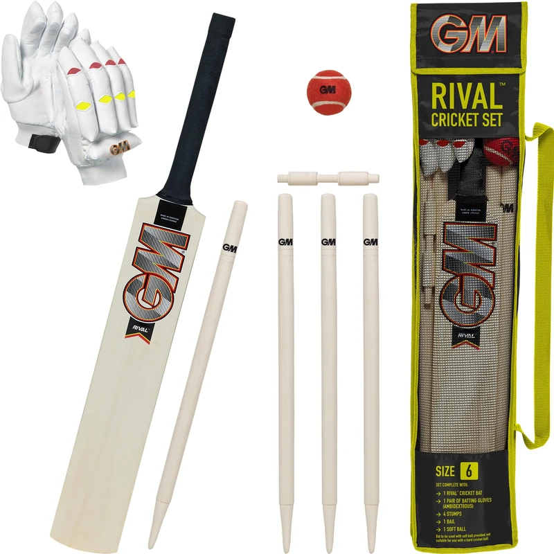 GM | Rival Wooden Cricket Set | 1 x Rival Bat, 1 Pair Batting Gloves, 1 x Soft Red Tennis Ball, 4 Stumps & 1 Bail | Carry Bag | Size 2 Suitable for Players 129-137cm / 4' 3" - 4' 6" | Gunn & Moore