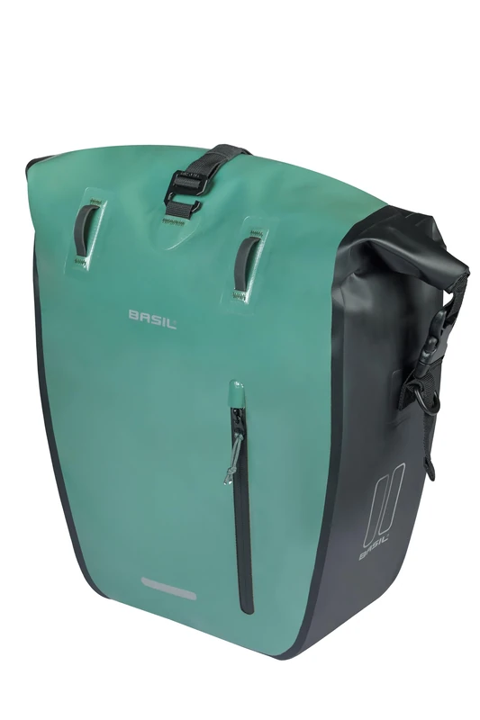 Basil Rivo Single Bicycle Pannier Rack - Waterproof 25-31L - Reflective - Made of Tarpaulin - with MIK Hooks - 28 x 14 x 43 cm - Green