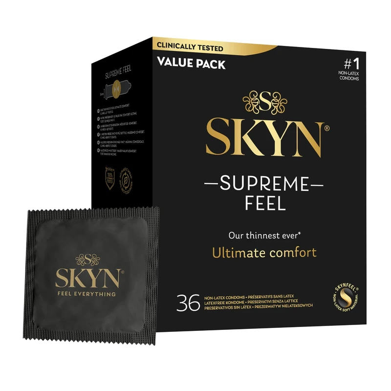 SKYN Supreme Feel Condoms, Pack of 36, SKYNFEEL Latex Free Condoms for Men, Regular Size, Strong & Thin, Smooth Straight Shape, Lubricated - Image 1