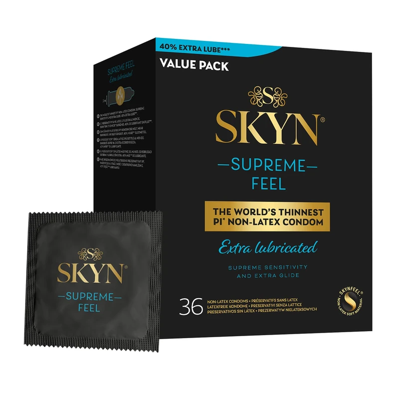 SKYN Supreme Feel Extra Lubricated Condoms, Pack of 36, SKYNFEEL Latex Free Condoms for Men, Regular Size, Strong & Thin, Smooth Straight Shape, Lubricated, 53mm Wide