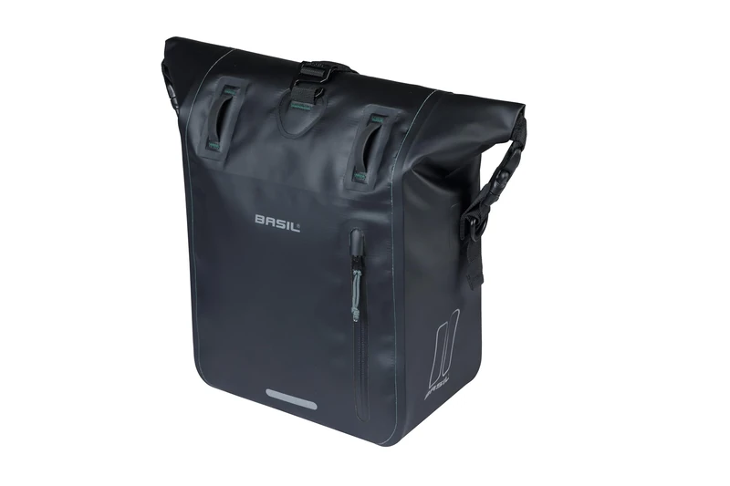 Basil Rivo Single Bicycle Pannier Rack - Waterproof 12-15L - Reflective - Made of Tarpaulin - with MIK Hooks - 25 x 14 x 38 cm - Black