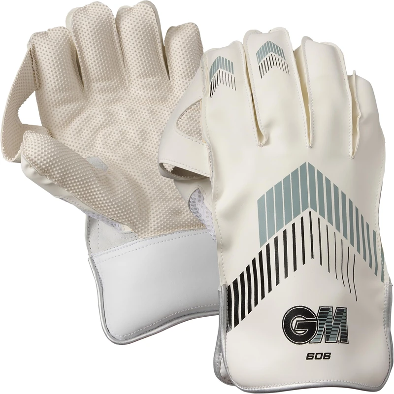 Gunn & Moore GM 606 Cricket Wicket Keeper Keeping Gloves | PU Faux Leather Back of Hand | Pimple Rubber Palm Facing | Youths | 1 Pair | White with Grey & Black Chevron
