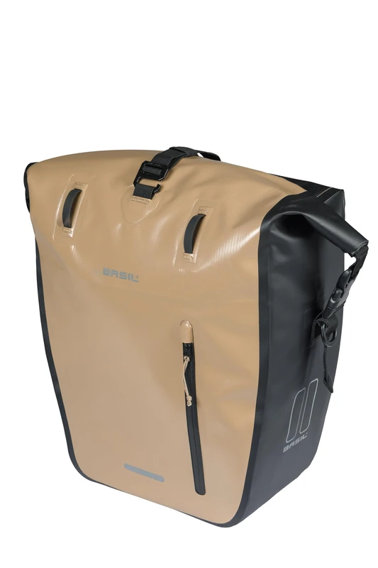 Basil Rivo Single Bicycle Pannier Rack - Waterproof 25-31L - Reflective - Made of Tarpaulin - with MIK Hooks - 28 x 14 x 43 cm - Sand