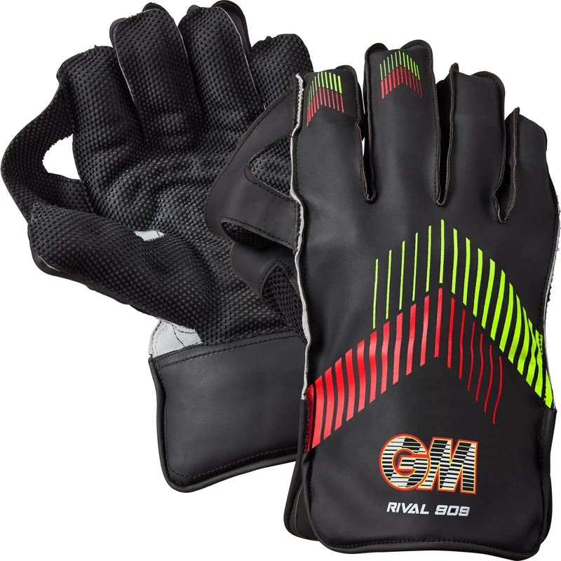 GM Rival 909 Cricket Wicket Keeper Keeping Gloves | PU Faux Leather Back of Hand | Neoprene Palm Facing | Large Adult | 1 Pair | Black with Red & Green Chevron | Gunn & Moore