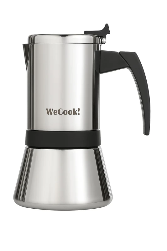 WECOOK! Stainless Steel Moka Pot 18/10 for Induction 9 Cup – Espresso Maker – Soft-Touch Bakelite Handle – Nickel Safety Valve – Measuring Spoon Included