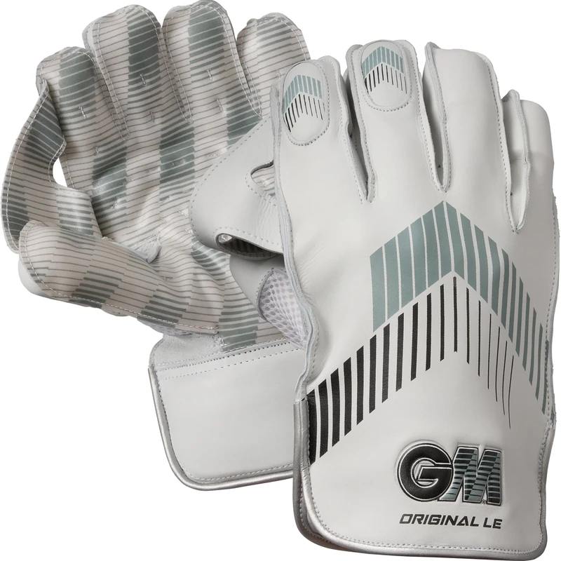 GM Original LE Cricket Wicket Keeper Gloves | Aniline Leather Back of Hand | Full Leather Lining & Pin-Tuck Teknik Hyper Grip Palm Facing | Large Adult | 1 Pair | White with Grey & Black Chevron
