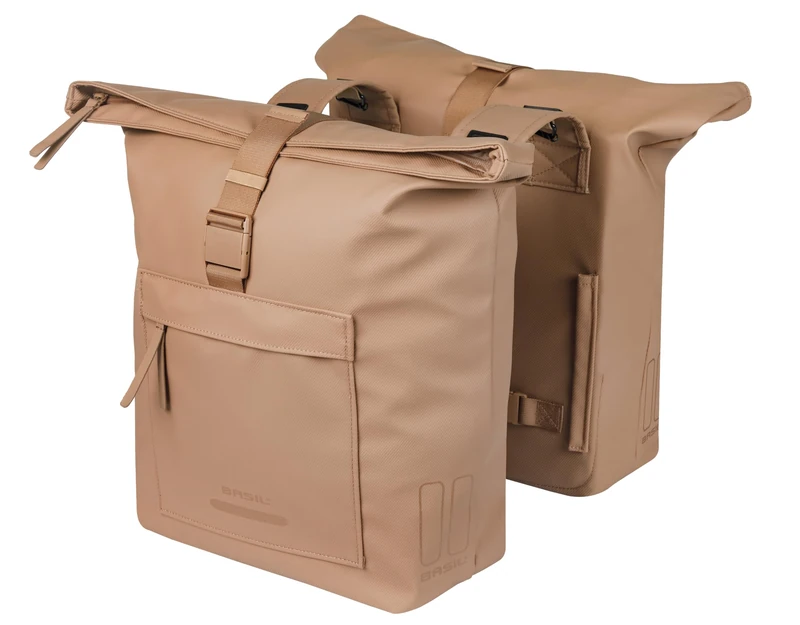 Basil Brooklyn Double Bicycle Pannier Rack - Waterproof 41L - Waterproof - Reflective - Made of Recycled Material - Sand