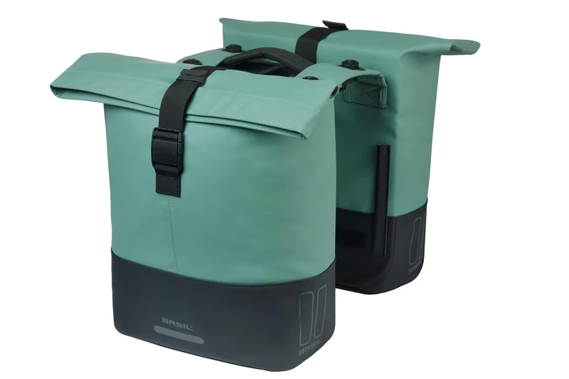 Basil Cove Double Bicycle Pannier Rack - with MIK Adapter Plate - 28-32L - Waterproof - Reflective - Recycled Material - 29 x 14.5 x 36 cm - Green/Black