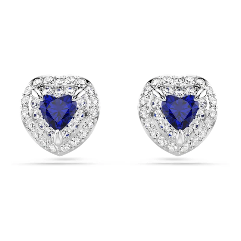 Swarovski One Stud Earrings, Heart Cut, Pavé, Heart, Blue, Rhodium Plated