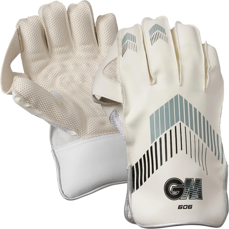 GM 606 Cricket Wicket Keeper Keeping Gloves | PU Faux Leather Back of Hand | Pimple Rubber Palm Facing | Adult | 1 Pair | White with Grey & Black Chevron | Gunn & Moore