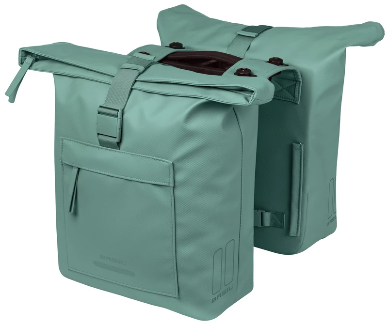 Basil Brooklyn Double Bicycle Pannier Rack - Waterproof 41L - with MIK Adapter Plate - Waterproof - Reflective - Recycled Material - Green