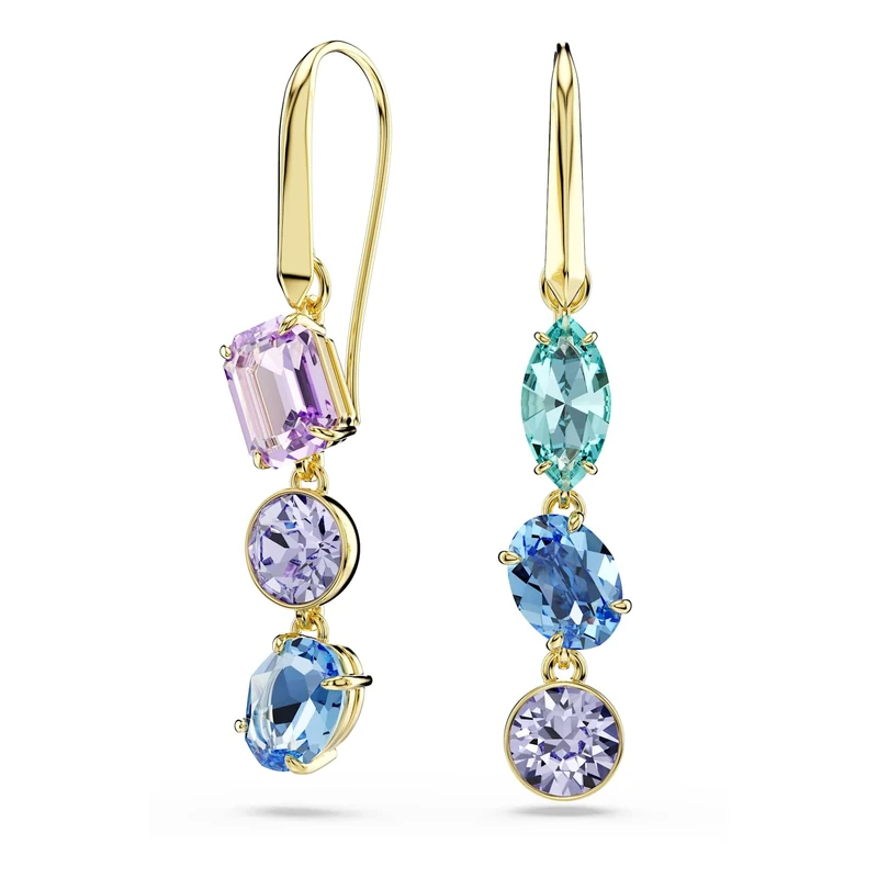 Swarovski Gema drop earrings, Asymmetrical design, Mixed cuts, Multicolored, Gold-tone plated